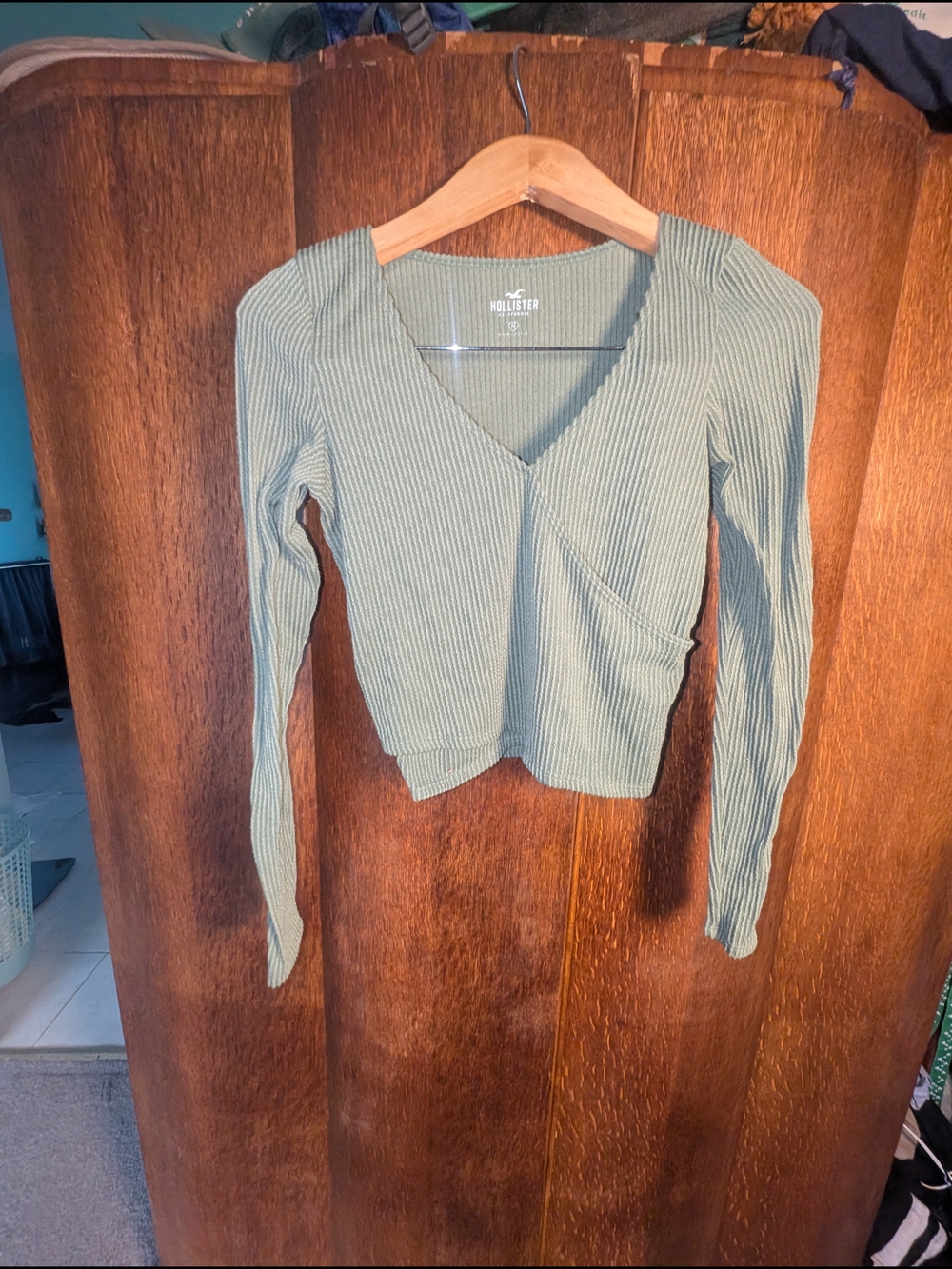 Hollister Olive Ribbed Wrap V-Neck Long Sleeve Top